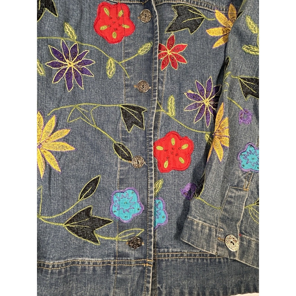 Women's Chico's‎ Design Y2K sz 1 Denim Floral Embroidered Jean Jacket Vtg Med - Picture 10 of 14